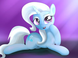 Size: 1024x768 | Tagged: safe, artist:fotasy, derpibooru import, trixie, pony, unicorn, female, looking at you, lying down, mare, open mouth, prone, solo