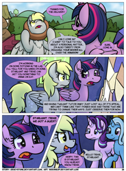 Size: 1400x1900 | Tagged: safe, artist:moemneop, derpibooru import, derpy hooves, starlight glimmer, trixie, twilight sparkle, twilight sparkle (alicorn), alicorn, pony, comic:shifting changelings lies and truths, chest fluff, comic, yoke