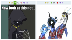 Size: 2314x1293 | Tagged: safe, derpibooru import, screencap, discord, juniper montage, queen chrysalis, trixie, changeling, changeling queen, equestria girls, movie magic, spoiler:eqg specials, cloak, clothes, crossover, derpibooru, female, how, image macro, jewelry, juxtaposition, juxtaposition win, lazytown, meme, meta, necklace, net, robbie rotten, traditional art, we are number one, wig