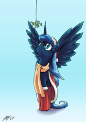 Size: 1447x2046 | Tagged: dead source, safe, artist:lovelyneckbeard, princess luna, alicorn, pony, boots, clothes, curious, female, frown, hat, looking up, mare, mistletoe, santa costume, santa hat, scarf, solo, spread wings