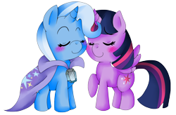 Size: 1384x910 | Tagged: safe, artist:that-pony-girl, derpibooru import, trixie, twilight sparkle, twilight sparkle (alicorn), alicorn, pony, blushing, female, lesbian, mare, shipping, twixie