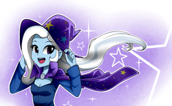 Size: 1300x800 | Tagged: safe, artist:nekojackun, derpibooru import, trixie, equestria girls, breasts, cape, cleavage, clothes, cute, diatrixes, female, hat, open mouth, smiling, solo, trixie's cape, trixie's hat