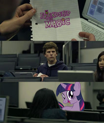 Size: 600x706 | Tagged: safe, derpibooru import, twilight sparkle, human, mark zuckerberg, meme, the social network