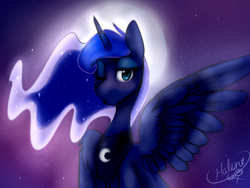 Size: 1024x768 | Tagged: safe, artist:rflzqt, princess luna, alicorn, pony, moon, solo, wink