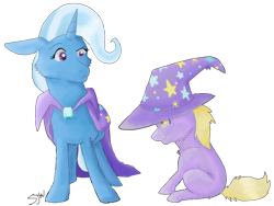 Size: 900x677 | Tagged: safe, artist:lilac-amethyst, derpibooru import, dinky hooves, trixie, hat, trixie's cape, trixie's hat