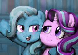 Size: 620x437 | Tagged: safe, artist:とりゴコロ, derpibooru import, starlight glimmer, trixie, pony, unicorn, duo, female, smiling