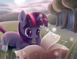 Size: 825x638 | Tagged: safe, artist:misteelala, derpibooru import, pinkie pie, twilight sparkle, unicorn twilight, earth pony, insect, pony, unicorn, book, cloud, female, forest, grass, magic, mare, prone, smiling, solo, sun, that pony sure does love books, tree