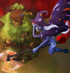 Size: 1937x1999 | Tagged: safe, artist:miradge, derpibooru import, trixie, anthro, cloak, clothes, flying, golden oaks library, hat, library, magic, telescope, wat, weed whacker, witch