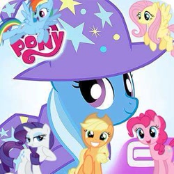 Size: 375x375 | Tagged: safe, derpibooru import, edit, applejack, fluttershy, pinkie pie, rainbow dash, rarity, trixie, earth pony, pegasus, pony, unicorn, app icon, female, gameloft, mare, my little pony logo