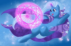 Size: 1280x828 | Tagged: safe, artist:nytewell, derpibooru import, trixie, pony, unicorn, female, magic, magic circle, mare, open mouth, smiling, solo, sparkles