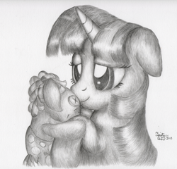 Size: 2000x1916 | Tagged: safe, artist:kuroitsubasatenshi, derpibooru import, smarty pants, twilight sparkle, d'aw, monochrome, snuggling