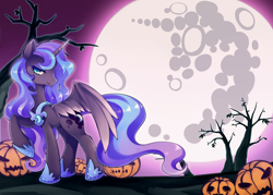 Size: 2480x1771 | Tagged: safe, artist:huaineko, princess luna, alicorn, pony, halloween, holiday, jack-o-lantern, jewelry, mare in the moon, moon, pixiv, pumpkin, regalia, solo