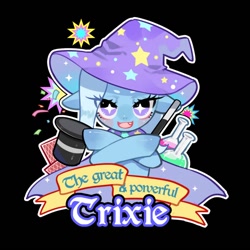 Size: 780x780 | Tagged: safe, artist:kura, derpibooru import, trixie, pony, unicorn, card, clothes, hat, lidded eyes, potion, shirt, smiling, solo, top hat, wand