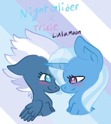 Size: 1024x1136 | Tagged: safe, artist:rosiepie15, derpibooru import, night glider, trixie, pegasus, pony, unicorn, blushing, bust, crack shipping, female, lesbian, looking at each other, mare, nighttrix, shipping, smiling, watermark, wings