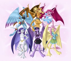 Size: 1300x1105 | Tagged: safe, artist:briannacherrygarcia, derpibooru import, applejack, fluttershy, pinkie pie, rainbow dash, rarity, twilight sparkle, gargoyle, disney, disney style, gargoyles, mane six, my little x, species swap