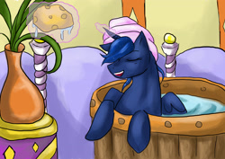 Size: 3508x2480 | Tagged: safe, artist:kaeaskavi, princess luna, alicorn, pony, eyes closed, magic, solo, spa