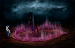 Size: 1800x1145 | Tagged: safe, artist:nettrip, derpibooru import, trixie, twilight sparkle, dark, magic, magic circle