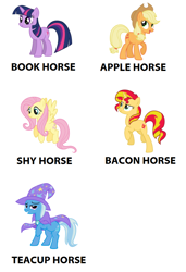 Size: 658x962 | Tagged: safe, derpibooru import, applejack, fluttershy, sunset shimmer, trixie, twilight sparkle, unicorn twilight, earth pony, horse, pegasus, pony, unicorn, apple, applejack's hat, bacon hair, bookhorse, cape, clothes, cowboy hat, flying, hat, nickname, raised hoof, smiling, spread wings, that pony sure does love apples, that pony sure does love books, that pony sure does love teacups, trixie's cape, trixie's hat, wings