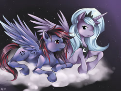 Size: 1000x750 | Tagged: safe, artist:qiisnii, princess luna, oc, oc:metal sky, alicorn, pony, cloud