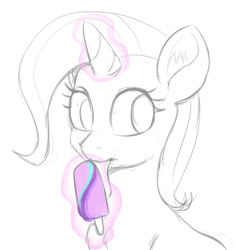 Size: 902x960 | Tagged: safe, artist:raikoh, derpibooru import, trixie, pony, unicorn, ear fluff, food, implied lesbian, implied shipping, implied startrix, levitation, licking, magic, partial color, popsicle, simple background, solo, telekinesis, tongue out, white background