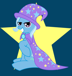 Size: 1944x2050 | Tagged: safe, artist:poppi379, derpibooru import, trixie, cape, clothes, grin, hat, smiling, stars, trixie's cape, trixie's hat