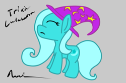 Size: 625x416 | Tagged: safe, artist:nav3ta, derpibooru import, trixie, pony, unicorn, clothes, female, gray background, hat, mare, signature, simple background, solo, trixie's hat