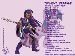 Size: 1099x826 | Tagged: safe, artist:robd2003, derpibooru import, twilight sparkle, dungeons and dragons, fantasy class, humanized, solo, text, weapon, wizard