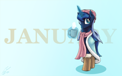 Size: 4000x2500 | Tagged: safe, artist:lovelyneckbeard, princess luna, alicorn, pony, boots, clothes, coat, levitation, magic, mug, scarf, solo, telekinesis, wink