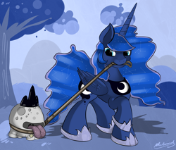 Size: 2000x1700 | Tagged: safe, artist:malamol, princess luna, alicorn, pony, leash, mouth hold, night, pet moon thingy..., raised hoof, solo