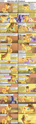 Size: 1282x4375 | Tagged: safe, derpibooru import, applejack, braeburn, fluttershy, rarity, twilight sparkle, earth pony, pegasus, pony, unicorn, comic:celestia's servant interview, caption, comic, interview