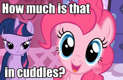 Size: 671x436 | Tagged: safe, derpibooru import, edit, edited screencap, screencap, pinkie pie, twilight sparkle, earth pony, pony, suited for success, bronybait, cuddling, image macro