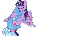 Size: 1280x640 | Tagged: safe, artist:ducksgonnaduck985, derpibooru import, trixie, twilight sparkle, twilight sparkle (alicorn), alicorn, pony, unicorn, eyes closed, female, lesbian, mare, shipping, simple background, transparent background, twixie