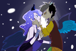 Size: 500x333 | Tagged: safe, artist:rikitikitavi-tyan, discord, princess luna, human, female, humanized, lunacord, male, shipping, straight