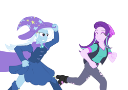 Size: 1240x877 | Tagged: safe, artist:alixnight, derpibooru exclusive, derpibooru import, starlight glimmer, trixie, equestria girls, boots, cape, clothes, commission, duo, fall formal outfits, hat, high heel boots, high heels, looking at each other, racing, running, simple background, smiling, trixie's cape, trixie's hat, white background