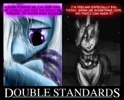 Size: 900x726 | Tagged: safe, derpibooru import, prince blueblood, trixie, pony, unicorn, crying, double standard, evil, sad, text