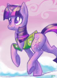 Size: 600x818 | Tagged: safe, artist:lumoslightning, derpibooru import, twilight sparkle, unicorn twilight, pony, unicorn, clothes, female, mare, smiling, solo, underhoof, vest