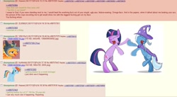 Size: 1190x651 | Tagged: safe, derpibooru import, rainbow dash, scootaloo, trixie, twilight sparkle, pegasus, pony, /b/, 4chan, butthurt, meta, text, vulgar