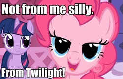 Size: 671x436 | Tagged: safe, derpibooru import, pinkie pie, twilight sparkle, earth pony, pony, bedroom eyes, bronybait, cuddling, image macro