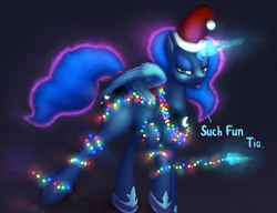 Size: 3050x2347 | Tagged: safe, artist:oneofyouare, princess luna, alicorn, pony, christmas lights, hat, magic, santa hat, solo