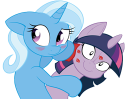 Size: 5081x4026 | Tagged: safe, artist:joey darkmeat, artist:yana-j, derpibooru import, trixie, twilight sparkle, pony, unicorn, absurd resolution, female, kiss mark, lesbian, lipstick, mare, plushie, shipping, simple background, transparent background, twixie, vector