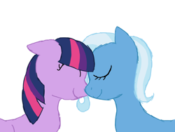 Size: 1024x768 | Tagged: safe, artist:aaron amethyst, derpibooru import, trixie, twilight sparkle, pony, unicorn, duo, eyes closed, female, lesbian, mare, shipping, simple background, twixie, white background