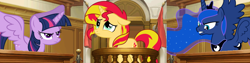 Size: 2304x576 | Tagged: safe, princess luna, sunset shimmer, twilight sparkle, twilight sparkle (alicorn), alicorn, pony, ace attorney, courtroom, female, mare, trial