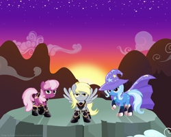 Size: 3730x3000 | Tagged: safe, artist:godoffury, derpibooru import, cheerilee, derpy hooves, trixie, pegasus, pony, armor, female, mare, sunset