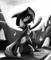 Size: 3554x4185 | Tagged: safe, artist:ponsce, derpibooru import, trixie, pony, unicorn, absurd resolution, bipedal, cape, clothes, female, hat, high res, mare, monochrome, rearing, solo, trixie's cape, trixie's hat