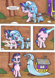 Size: 1240x1754 | Tagged: safe, artist:frenkieart, derpibooru import, starlight glimmer, trixie, comic, snail, species swap, transformation, trixie's wagon