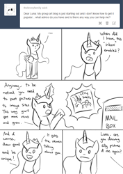 Size: 1157x1637 | Tagged: safe, artist:lovelyneckbeard, princess luna, alicorn, pony, ask, comic, dialogue, monochrome, sketch, solo, tumblr