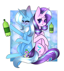 Size: 985x1105 | Tagged: safe, artist:velvetyvictory, derpibooru import, starlight glimmer, trixie, pony, unicorn, bottle, chest fluff, mountain dew, smiling