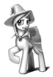 Size: 510x731 | Tagged: safe, artist:mrwolf, derpibooru import, trixie, pony, unicorn, female, grin, mare, monochrome, smiling, solo