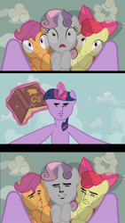 Size: 2560x4535 | Tagged: safe, derpibooru import, edit, edited screencap, screencap, apple bloom, scootaloo, sweetie belle, twilight sparkle, lesson zero, implied foalcon, yaranaika