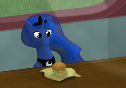 Size: 1000x700 | Tagged: safe, artist:the-anzhou, princess luna, alicorn, pony, blue, food, grass, green, hay burger, mane, solo